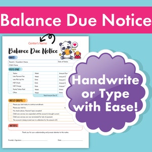 Balance Due Notice: Late Payment & Tuition Statement - Fillable PDF for Daycare, Home Daycare, Preschool, Childcare Centers