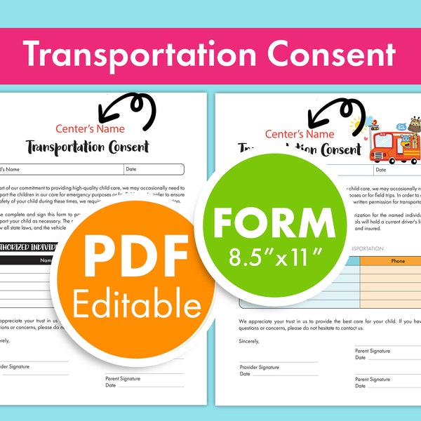 Transportation Consent Form, Perfect for Daycare, Childcare, Preschool, In Home Daycare