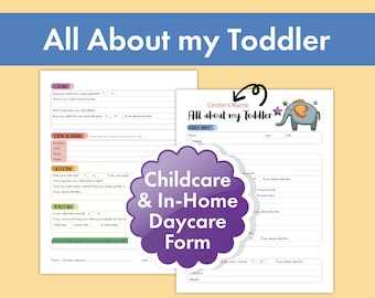 All About My Toddler Daycare Form – Printable Child Info Sheet for Nannies, In-Home Daycare, Preschool | Fillable PDF, Instant Download