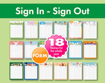 May include: A set of 18 printable sign-in and sign-out forms with different themes for the whole year. Each form has a colorful design with a different theme, such as a bunny, a pumpkin, or a Christmas tree. The forms are perfect for classrooms, offices, or any other place where people need to sign in and out.