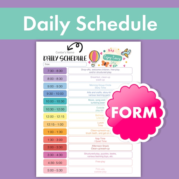 Vibrant Daily Daycare Schedule Form - Perfect for Busy Daycare Centers and Childcare Providers - Activities Planning Made Easy!