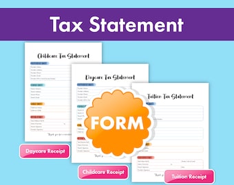 May include: A set of printable tax forms for childcare, daycare, and tuition. The forms are designed to be used by providers to issue tax statements to parents. The forms are in a colorful design with a yellow, orange, and red color scheme.