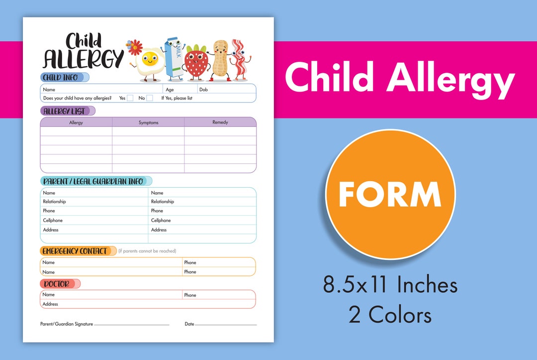Child Allergy Form Daycare ALLERGY LIST Childcare Center Etsy