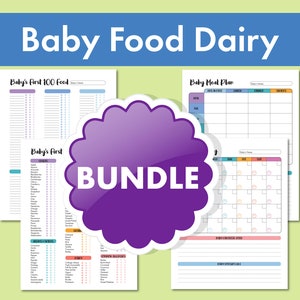 May include: A purple bundle of printable baby food dairy trackers. The bundle includes a baby's first 100 foods tracker, a baby meal plan, and a baby food diary.