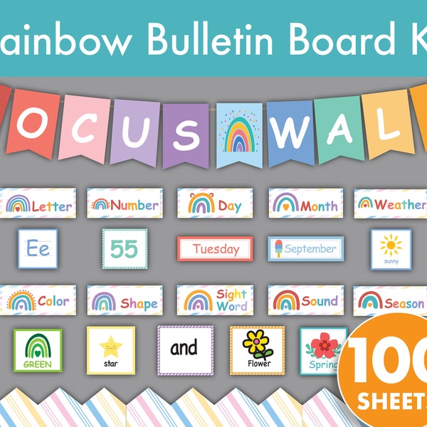 Rainbow Focus Wall, Circle Time Board. Bulletin Board Kit. Classroom Decor Preschool. Decoration, printable, daycare, childcare, 100 Sheets