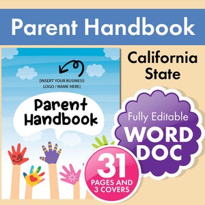 Kalifornien Eltern-Handbuch | Bearbeitbare Kinderfürsorge-, Kindertages- und Vorschul-Richtlinien | Lizenzbestimmungen enthalten | Word und PDF Cover