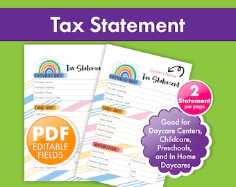 Year-End Tax Statement Receipt Form - Tuition Receipt Template for Childcare, Daycare, Preschool - Fillable - Printable PDF Instant Download