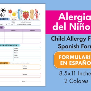 小児アレルギーフォーム、Alergias del Niño、スペイン語フォーム、センター、幼稚園、在宅デイケアに最適。スペイン語フォーム