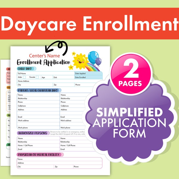 Simplified Enrollment Application Form - Streamline Your Daycare, Childcare, and Preschool Processes - Printable and Fillable Template!