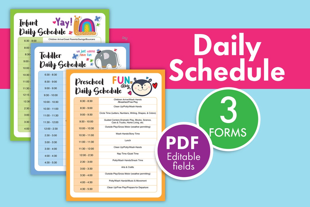 Daily Schedules For Daycare Childcare Center Printable Forms Etsy