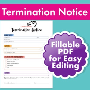 Aviso de terminación de guardería - Carta de terminación para padres - Preescolar de cuidado infantil - Formulario de aviso de terminación - Políticas de terminación de cuidado infantil