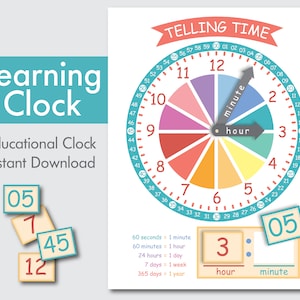 May include: A colorful educational clock with a large circle divided into 12 sections, each representing an hour. The clock also has a smaller circle in the center with a minute hand and an hour hand. The clock is surrounded by numbers from 1 to 12, and the words "Telling Time" are written at the top. The clock is surrounded by a white background with the words "Learning Clock" and "Educational Clock Instant Download" written in blue text. There are also four smaller squares with numbers on them, representing hours and minutes.