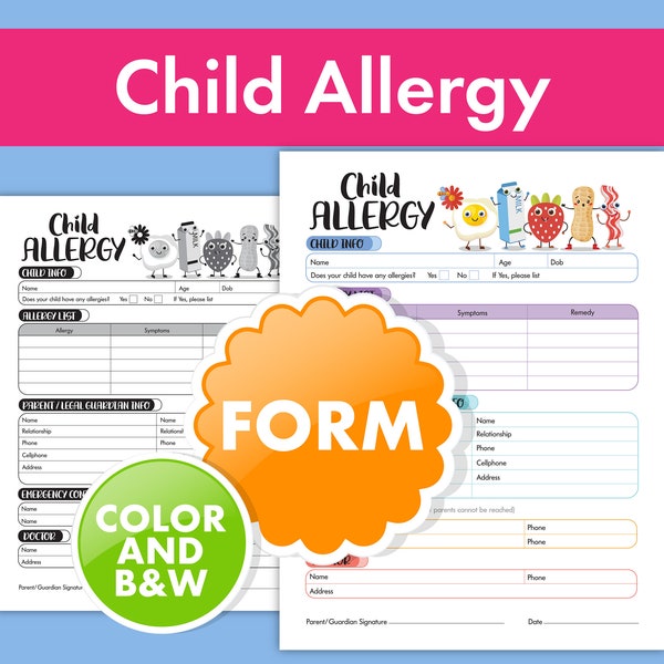 Formulaire d'allergies infantiles - Assurez la sécurité avec la gestion des listes d'allergies à la garderie ! Formulaire pour les garderies, les événements scolaires, les écoles maternelles et plus encore !