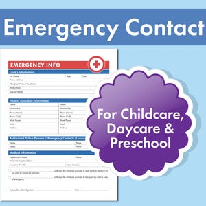Child Emergency Contact Form - Child Emergency Contact Form - Daycare, Preschool, Childcare Printable PDF