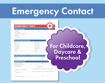 Child Emergency Contact Form - Child Emergency Contact Form - Daycare, Preschool, Childcare Printable PDF