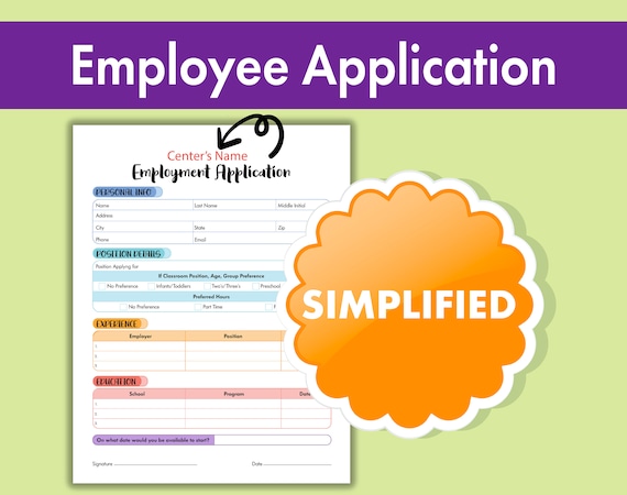 Employee Application Form – Ideal for Daycare, Preschool, In-Home Childcare, Childcare Centers, Fillable PDF