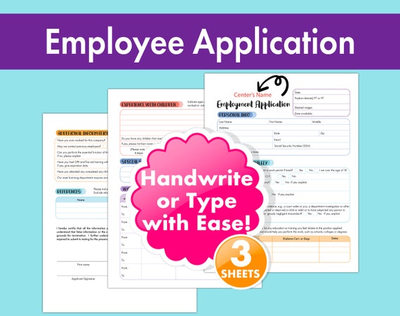 Employee Application Form for Daycare, Preschool, and In-Home Child Care Businesses - Printable Template in Vibrant Full Color