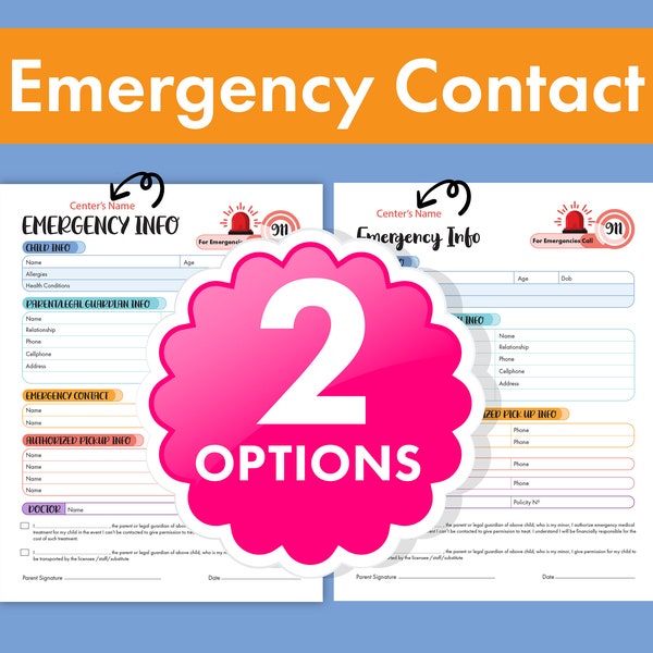 Emergency Contact Form for Daycares, Childcare, School Events, Preschools, and More. Secure Your Child's Safety with Ease!