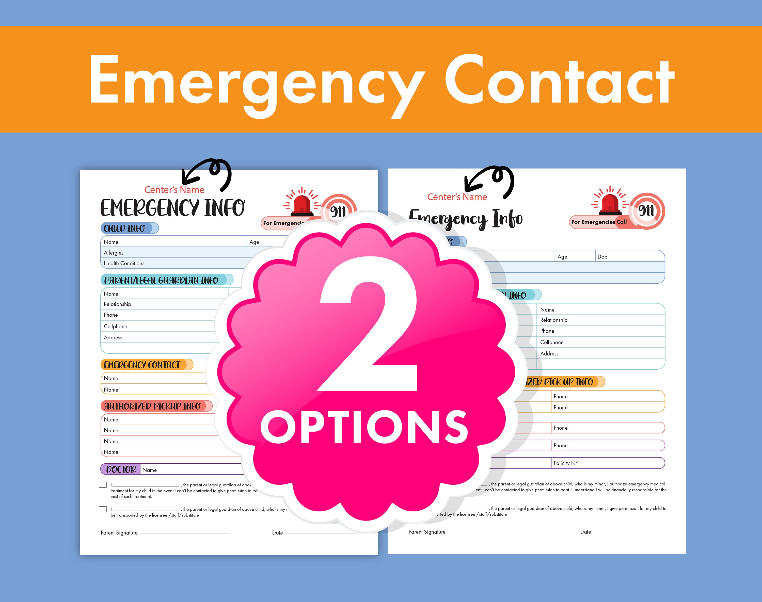 Emergency Contact Form for Daycares, Childcare, School Events, Preschools, and More. Secure Your Child's Safety with Ease!