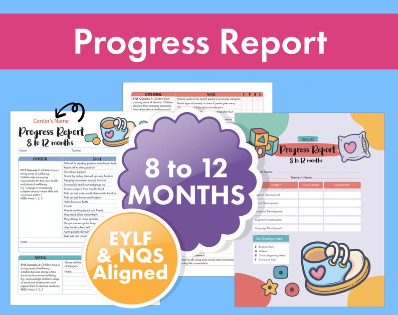 Preschool progress report bundle for educators and daycare staff to evaluate early learning and development. Fillable, printable, and reusable forms for children in different age groups. Supports professional reporting.