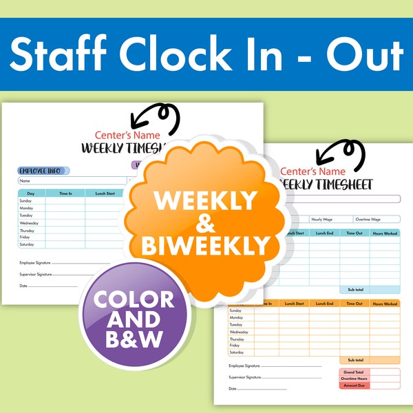 Staff Timesheet Bundle Forms - Childcare Staff Clock in Clock Out - Daycare Timesheet Forms - Weekly and Biweekly - Preschool Templates
