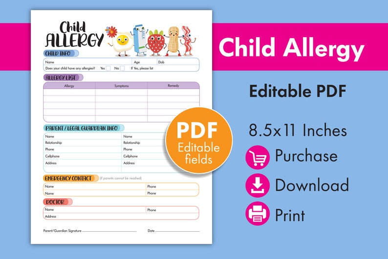 Child Allergy Form Ensure Safety With Daycare Allergy List Etsy