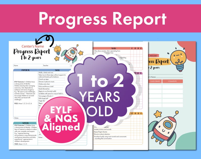 EYLF/NQS-aligned developmental assessment tool kit. Six printable progress forms help track children's growth and skills at key stages: 0–4 months, 4–8 months, 8–12 months, 1–2 years, 2–3 years, and 3–5 years.