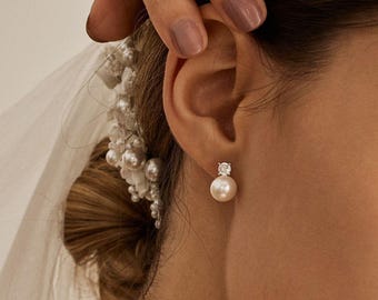 Sterling Silver Pearl Stud Earrings, Dainty CZ Diamond Pearl Earrings, Wedding Earrings, Bridal Earrings, Wedding Jewelry, Bridesmaid Gift