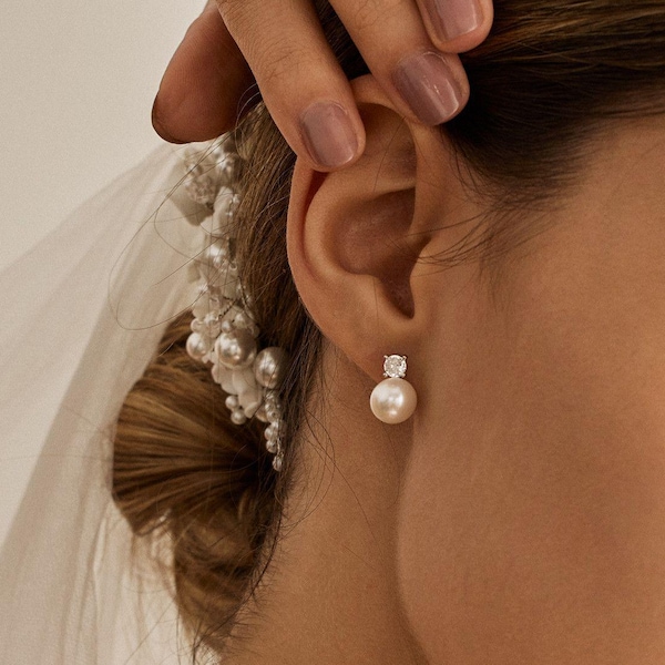 Sterling Silber Perle Ohrstecker, zierliche CZ Diamant Perle Ohrringe, Hochzeitsohrringe, Brautohrringe, Hochzeitsschmuck, Brautjungfer Geschenk