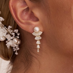 Pearl Tassel Drop Earrings, Pearl Fanshaped Diamond Earrings, Vintage Tiered Earring, Wedding Dangle Earring, Bridesmaids Gift, Gift for Her