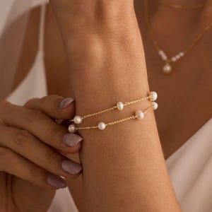 14K Gold Plated Double Layer Pearl Bracelet, Freshwater Pearl Beaded Bracelet, Wedding Bracelet, Maid of Honor Gift, Bridesmaid Gift for Her