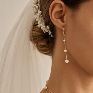 Pendientes colgantes de perlas de agua dulce, pendientes colgantes de perlas, pendientes de novia, pendientes largos de perlas, pendientes de boda para novias, regalo del día de la madre