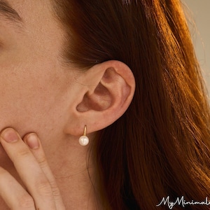 Natural Freshwater Pearl Hook Earrings, Minimalist Earrings, Bridal Earrings, Gold Huggie Earrings, Wedding Earrings, Bridesmaid Gift image 1