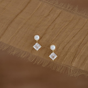 Sterling Silver Pearl Diamond Earrings, Freshwater Pearl Earrings, Bridal Earrings, Wedding Jewelry, Bridesmaid Gift, Birthday Gift for Her