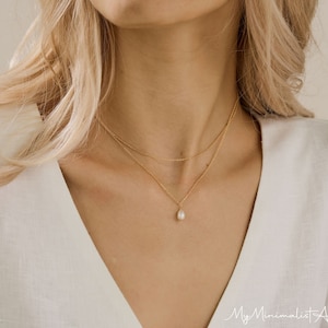 Tiny Freshwater Pearl Necklace, Double Layer Pearl Necklace, Gold Pearl Drop Necklace, Minimalist Necklace, Wedding Jewelry, Bridesmaid Gift image 1