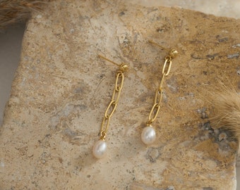 Freshwater Pearl Earrings with Paperclip Chain, 18K Gold Plated Pearl Dangle Earrings, Pearl Drop Earrings, Simple Earrings, Christmas Gift