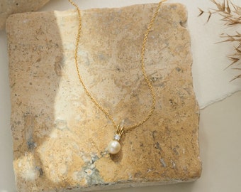 925 sterling silver Pearl Necklace with Diamond, Gold Pearl Necklace, Bridal Necklace, Wedding Jewelry, Bridesmaid Gift, Birthday Gift