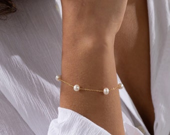 14K Gold Plated Freshwater Pearl Bracelet, Pearl Beaded Bracelet, Bridal Bracelet,Bracelet for Women, Wedding Jewelry, Bridesmaid Gift