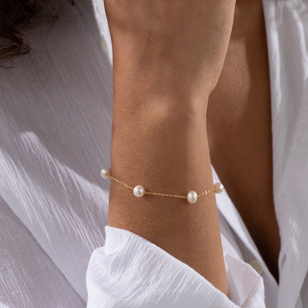 14K Gold Plated Freshwater Pearl Bracelet, Pearl Beaded Bracelet, Bridal Bracelet,Bracelet for Women, Wedding Jewelry, Bridesmaid Gift