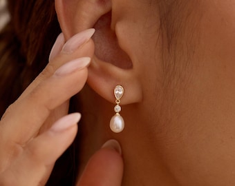 Natural Freshwater Pearl Diamond Earrings, Drop Pearl Earrings Gold Bridal, Wedding Teardrop CZ Earrings, Elegant Pearl Drop, Gift for her
