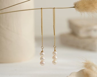 Orecchini pendenti con perle lunghe d'acqua dolce, orecchini di perle d'oro, gioielli da sposa minimalisti, orecchini da sposa, regalo da damigella d'onore, regalo di Natale
