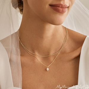 Tiny Freshwater Pearl Necklace, Double Layer Pearl Necklace, Gold Pearl Drop Necklace, Minimalist Necklace, Wedding Jewelry, Bridesmaid Gift