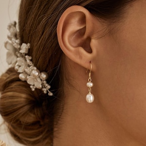 Freshwater Pearl Drop Earrings, Gold Pearl Earrings, Pearl Dangle Earrings, Wedding Earrings for Brides, Bridesmaid Gift, Mothers Day Gift