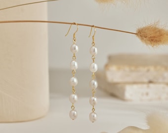 Pendientes colgantes de perlas de agua dulce reales, pendientes largos de perlas, pendientes colgantes de perlas de oro, pendientes de boda, joyas nupciales, regalo de dama de honor