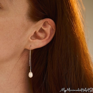 Dainty Teardrop Pearl Earrings, Sterling Silver Pearl Earrings, Long Chain Earrings, Wedding Jewelry, Bridal Earrings, Bridesmaid Gifts image 1
