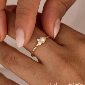 Bague minimaliste en or 14 carats diamant perle, parure de bijoux de mariage, bague mariée et demoiselles d'honneur, cadeaux Miad of Honor, bagues de fiançailles, cadeaux pour elle