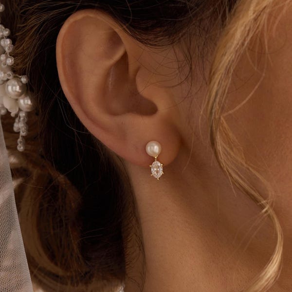 Real Natural Freshwater Pearl Stud Earrings, Pearl Earrings with CZ Diamond, Wedding Earrings for Brides Pearl Diamind, Bridesmaid Gift