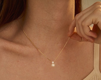 Sierlijke zoetwaterparelketting met CZ diamant, minimalistische ketting, bruidsketting, ketting voor vrouwen, huwelijksjuwelen, bruidsmeisjegift