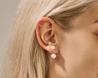 Boucles d'oreilles perlées deux en un, boucles d'oreilles élégantes en perles, boucles d'oreilles de mariée, clous de perles simples, boucles d'oreilles minimalistes, cadeau de Noël