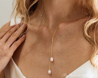 Freshwater Pearl Necklace, Pearl Drop Necklace, Lariat Necklace, Bridal Necklace, Minimalist Y Necklace, Wedding Jewelry, Bridesmaid Gift